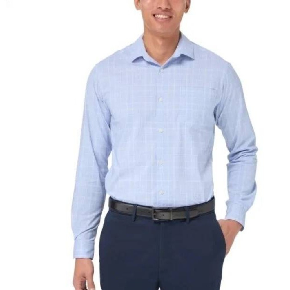 NWOT Pre-owned Kirkland Signature Dress Shirt Men's L Blue Nylon Blend Plaid